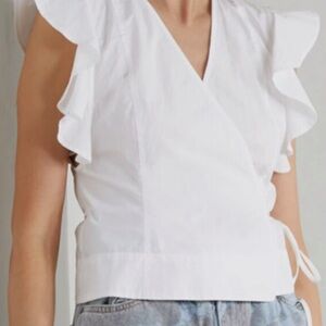 *Brand New* Ganni White Cotton Poplin Wrap Tie Ruffle Shirt Top